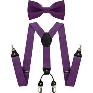 Mens Solid Color Suspenders Adjustable Y Back with Matching Silk Bow Tie Set